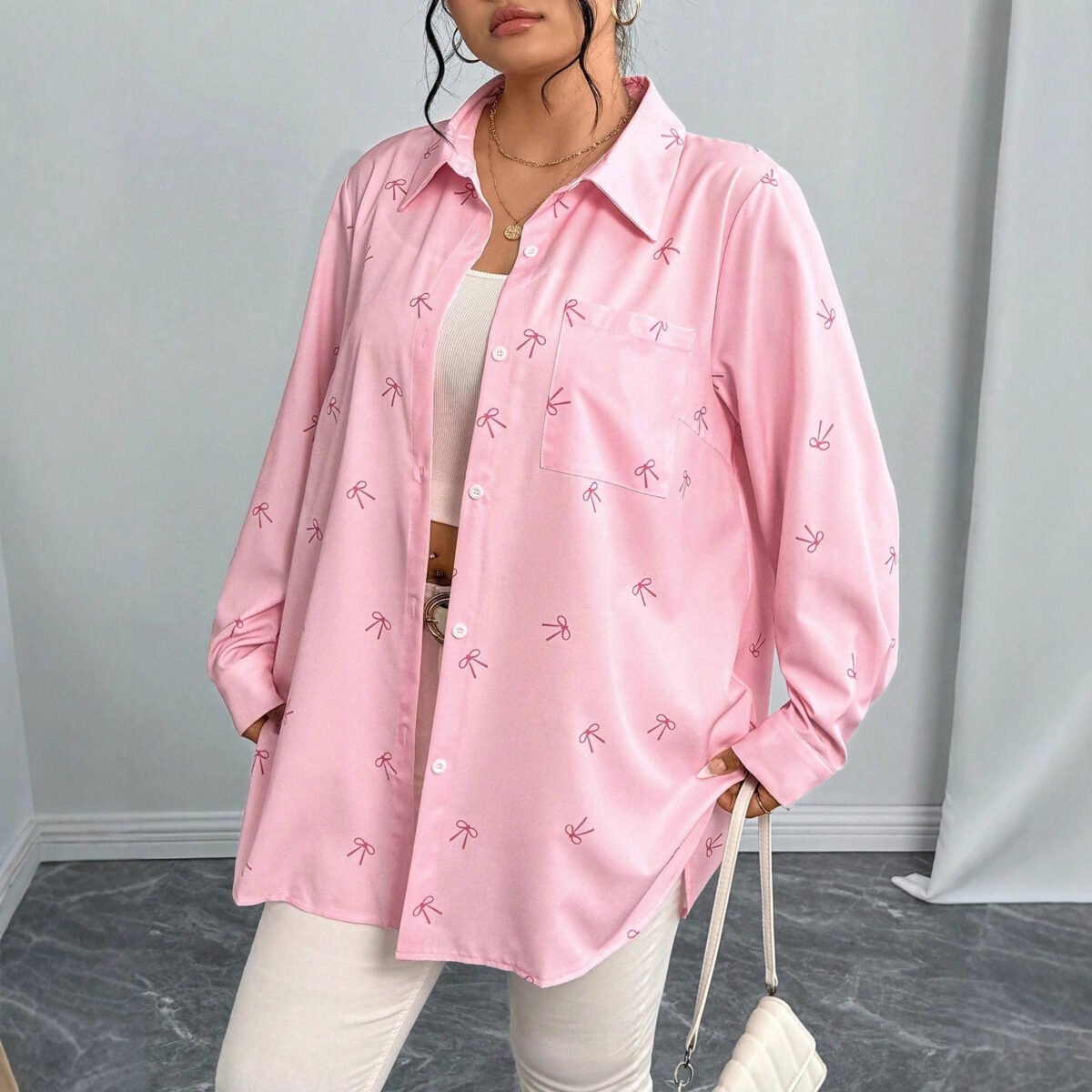 Plus Size Women's Shirt Jacket with Bow Print Long Sleeves Casual Blouse