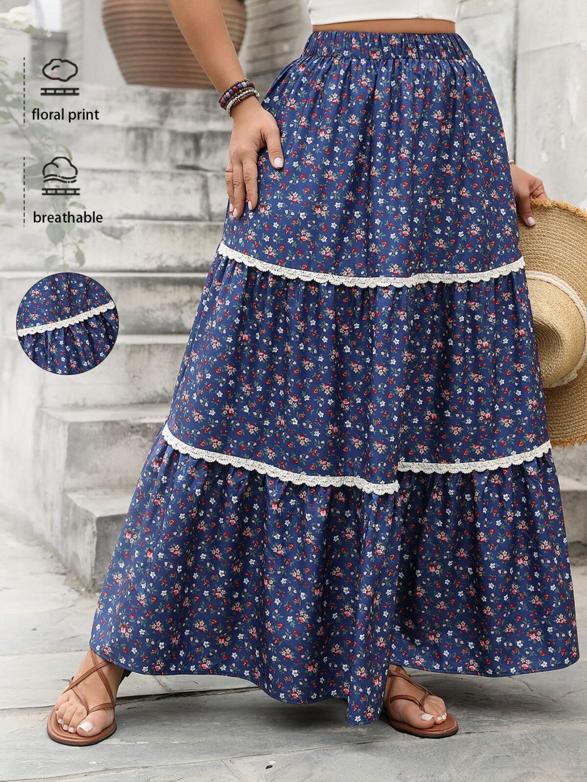 Floral Pleated Maxi Skirt Comfortable Casual Women's Skirt