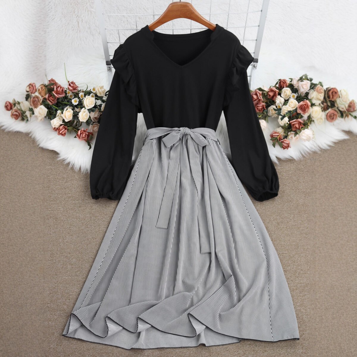 Striped A-Line Dress with Long Sleeves and Tie Waist