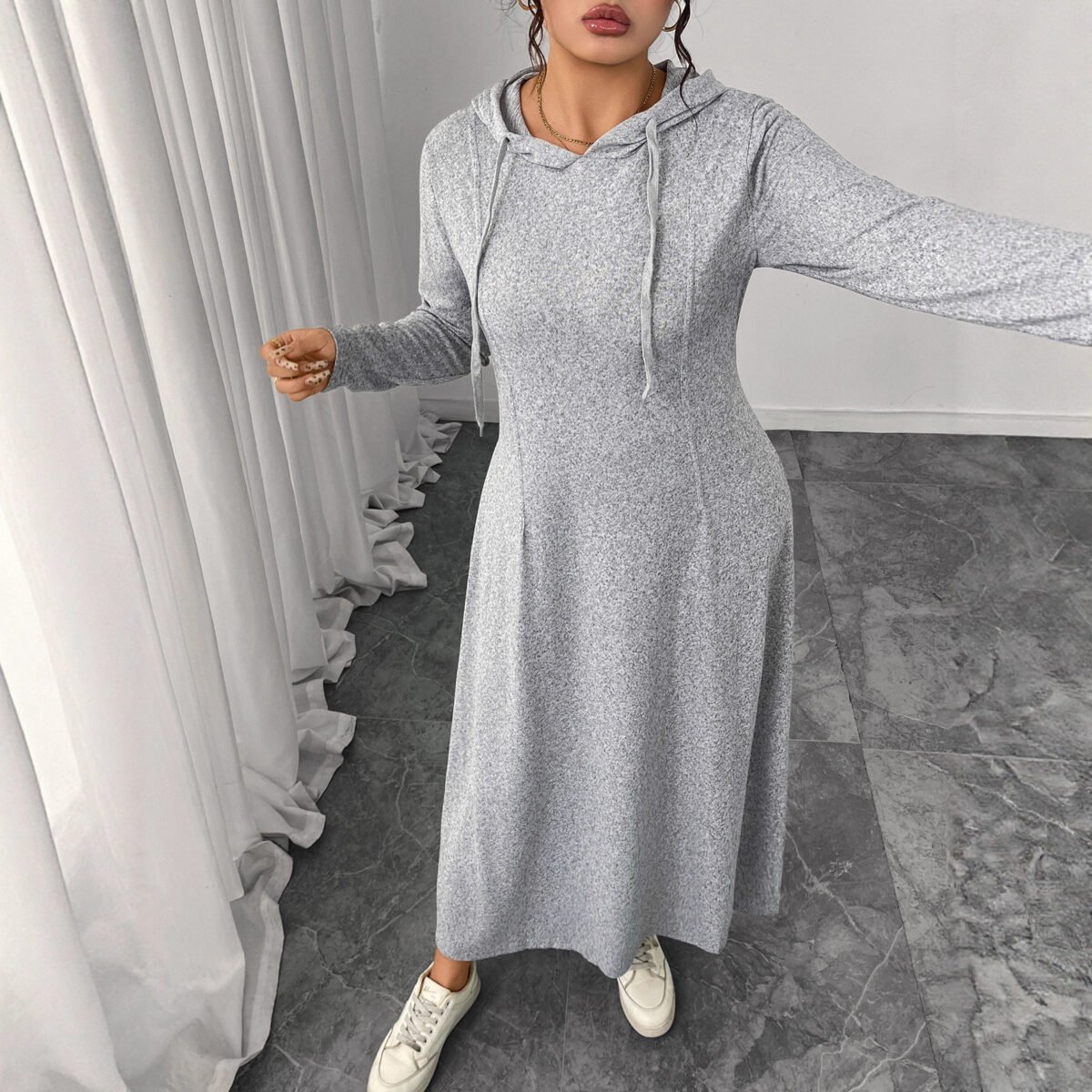 Hooded Gray Dress Elegant Long Sleeve A-Line Dress